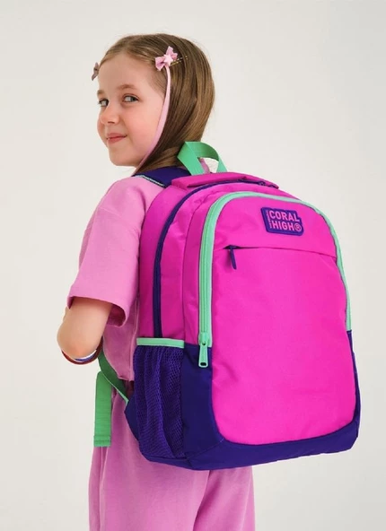 Coral High Üç Bölmeli Kız Çocuk İlkokul ve Ortaokul Okul Sırt Çantası - Mor Pembe - 2
