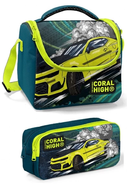 Coral High Yeşil Sarı Araba Erkek Çocuk Beslenme Çantası Seti