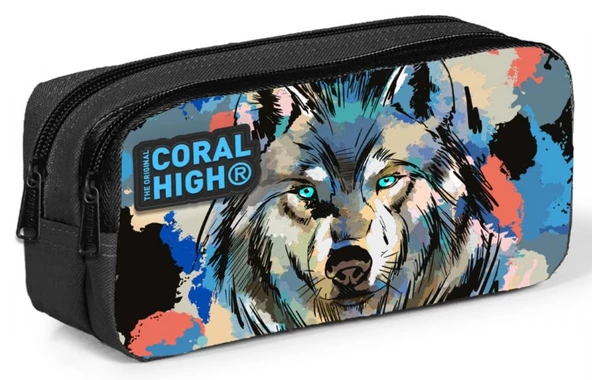 Coral High İki Bölmeli Erkek Çocuk Siyah Kurt Kalem Çantası Kalemlik