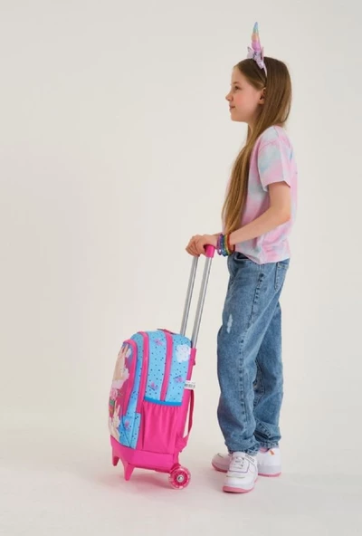 Coral High Pembe Mavi Tavşan Çekçek Okul Çantası Seti - Işıklı Tekerlekler - Kız Çocuk - 3