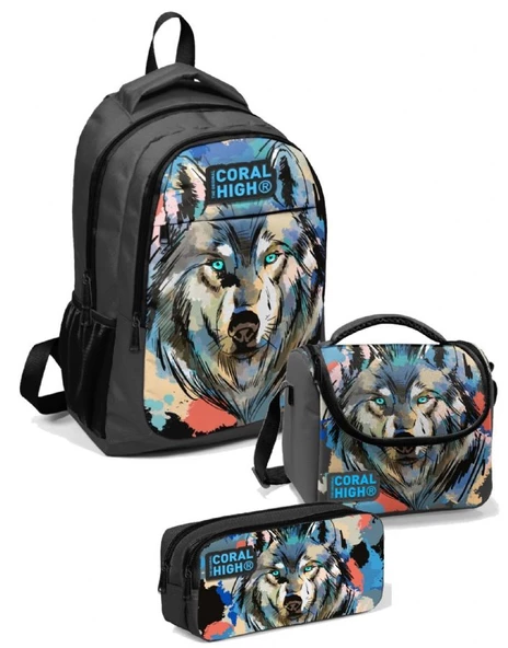 Coral High İlkokul Çanta Takımı Siyah Kurt  - Erkek Çocuk Okul Çantası Seti