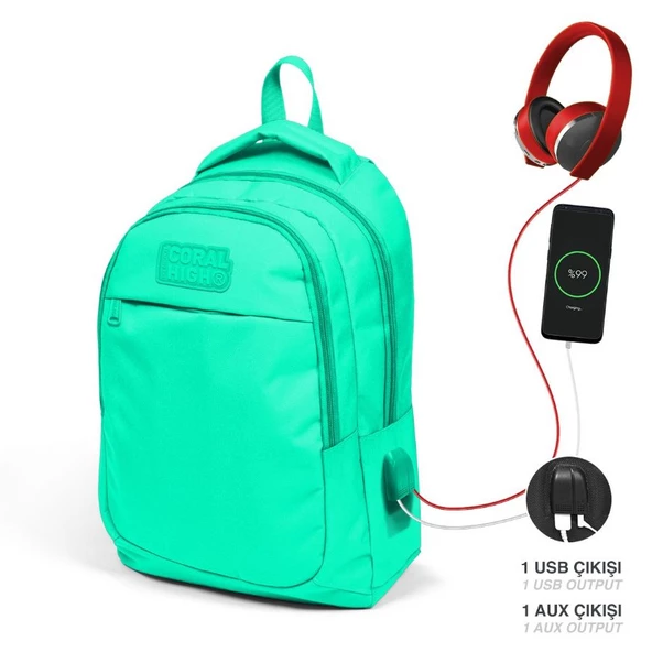 Coral High Okul ve Beslenme Çantası Seti - Kız Çocuk Su Yeşili - USB Soketli - Resim 2
