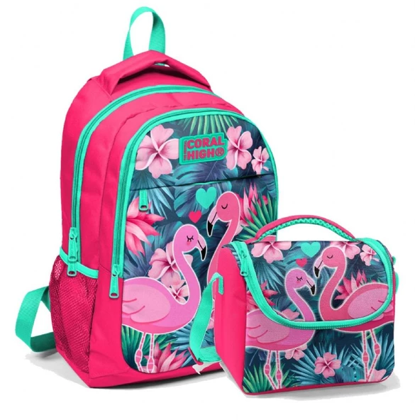 Coral High Okul Sırt Çantası ve Beslenme Çantası Seti Kız Çocuk Pembe Flamingo ürün görseli