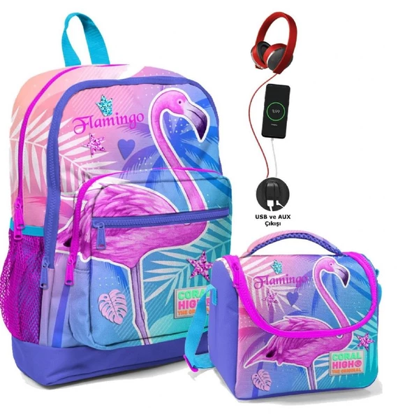 Coral High Okul Çantası ve Beslenme Çantası Seti - Kız Çocuk Pembe Flamingo - USB Soketli ürün görseli