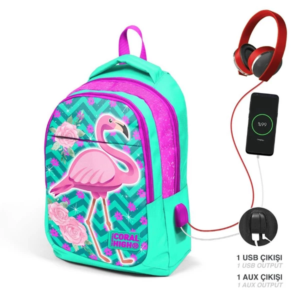 Coral High Okul Sırt Çantası ve Beslenme Çantası Seti - Kız Çocuk Pembe Flamingo - USB Soketli - Resim 2