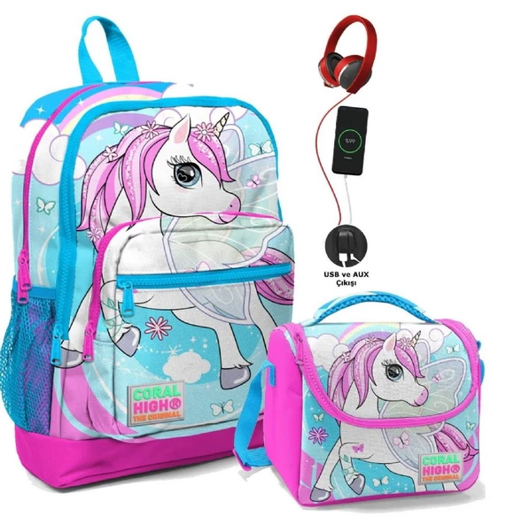 Coral High Okul Çantası ve Beslenme Çantası Seti - Kız Çocuk Mavi Unicorn- USB Soketli ürün görseli