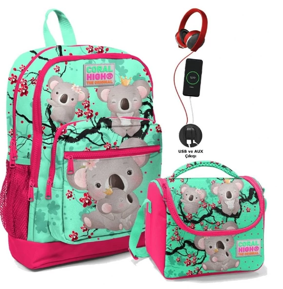 Coral High Okul Çantası ve Beslenme Çantası Seti - Kız Çocuk Yeşil Koala - USB Soketli