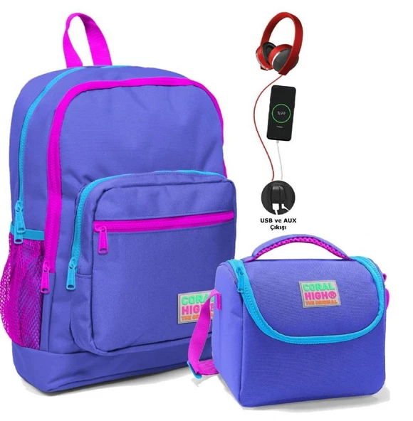 Coral High Okul Çantası ve Beslenme Çantası Seti - Kız Çocuk Mor - USB Soketli