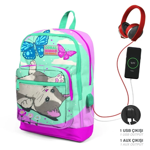 Coral High Okul Çantası ve Beslenme Çantası Seti - Kız Çocuk Sevimli Kedi ve Kelebek - USB Soketli - Resim 2