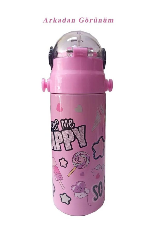 Kız Çocuk Matara 550 ml Pembe 1 Adet Çelik Suluk Okul Matarası Öğrenci Suluğu - 3