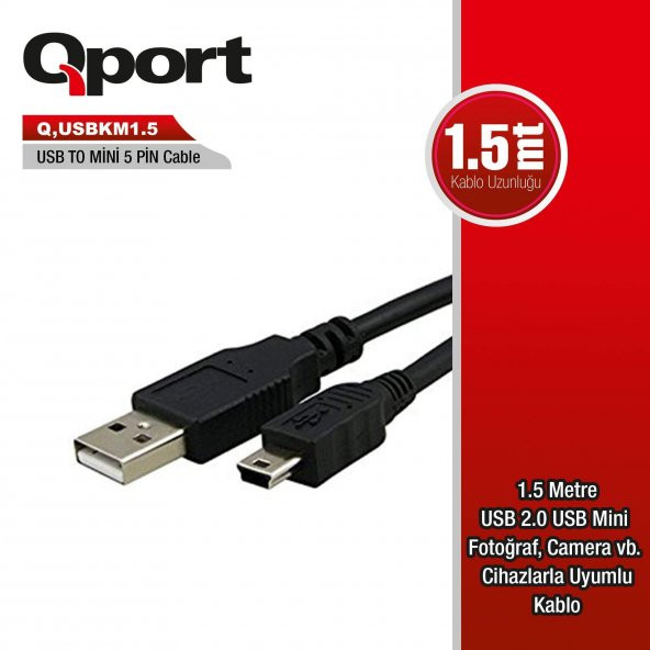 Qport Q-usbkm1.5 Usb 1.5mt Gsm Mıcro 5pın Kamera/data/şarj Kablo Siyah