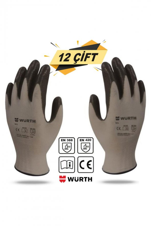 Würth Nitril Kaplama Sanayi Iş Usta Eldiveni Teknisyen Mekanikçi Koruyucu Eldiven No:9/l (12 ÇİFT)