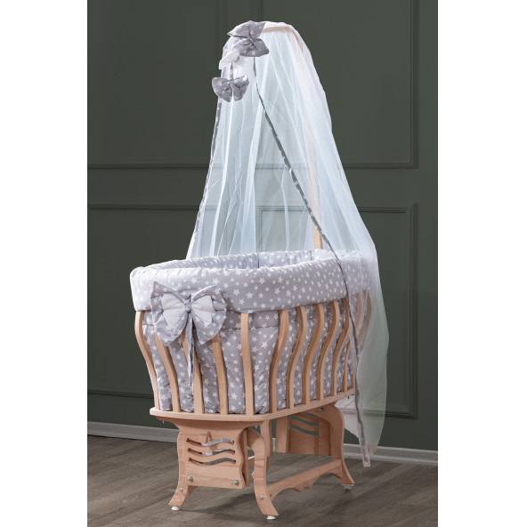 Setay Doğal Ağaç Beşik, Kristal Sepet Beşik + Uyku Seti + Cibinlik - Açık Gri