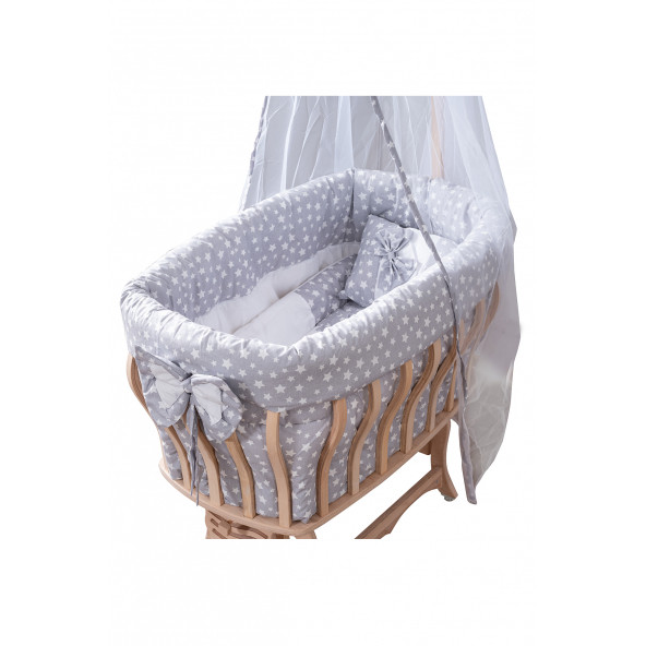 Setay Doğal Ağaç Beşik, Kristal Sepet Beşik + Uyku Seti + Cibinlik - Açık Gri - 5