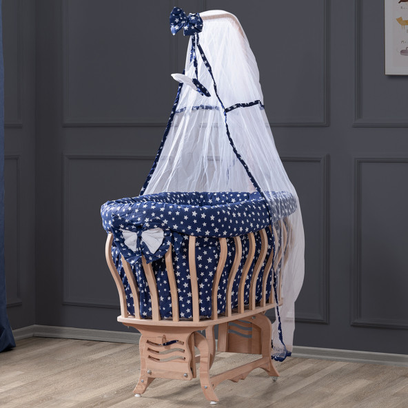 Setay Doğal Ağaç Beşik, Kristal Sepet Beşik + Uyku Seti + Cibinlik - Lacivert - 2