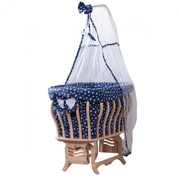 Setay Doğal Ağaç Beşik, Kristal Sepet Beşik + Uyku Seti + Cibinlik - Lacivert - 6