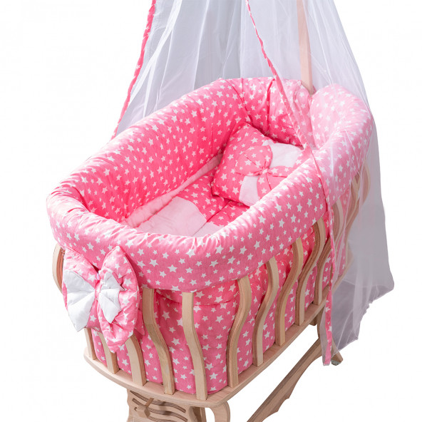 Setay Doğal Ağaç Beşik, Kristal Sepet Beşik + Uyku Seti + Cibinlik - Pembe - 3