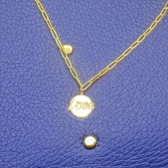 Aşkın Işıltısı: Altın Renk Şık Parlak 'Love' Yazı Sedef Taş Çelik Kadın Zincir Kolye ürün görseli 1