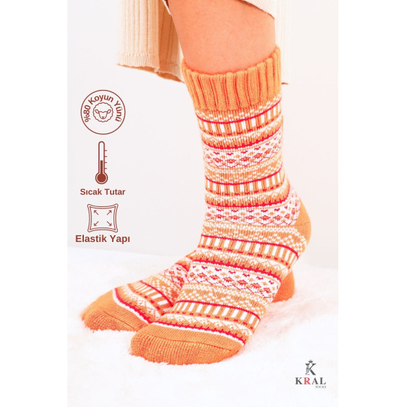 Özel Üretim (3 Çift) Kalın Kışlık 100 Yün Çizgili - Motif Desenli Çorap - 2