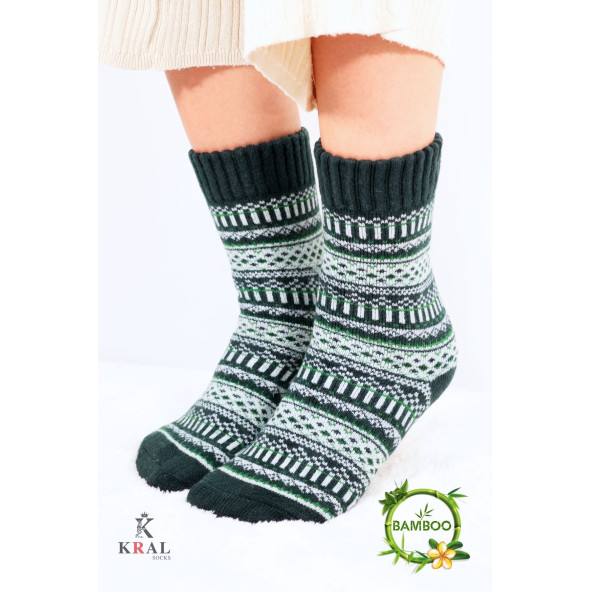 Özel Üretim (3 Çift) Kalın Kışlık 100 Yün Çizgili - Motif Desenli Çorap - 3