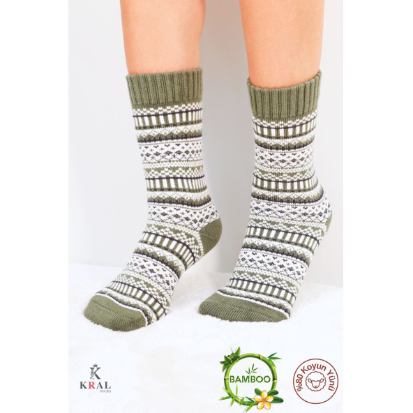 Özel Üretim (3 Çift) Kalın Kışlık 100 Yün Çizgili - Motif Desenli Çorap - 4