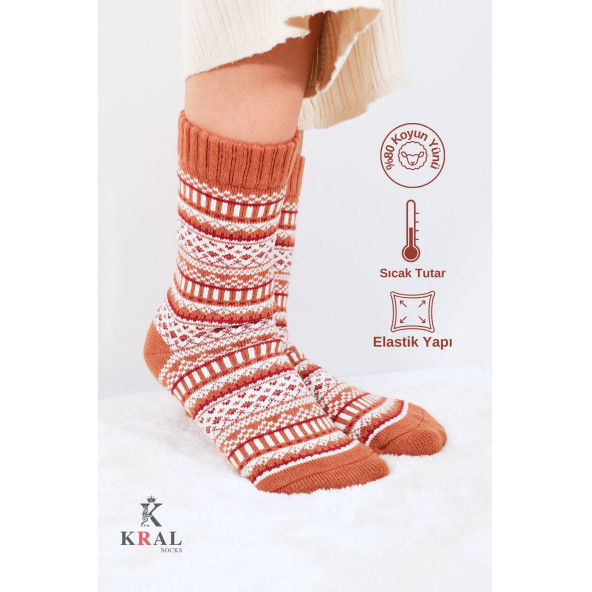 Özel Üretim (2 Çift) Kalın  100 Yün Kışlık  Motif Desenli Çorap - 6