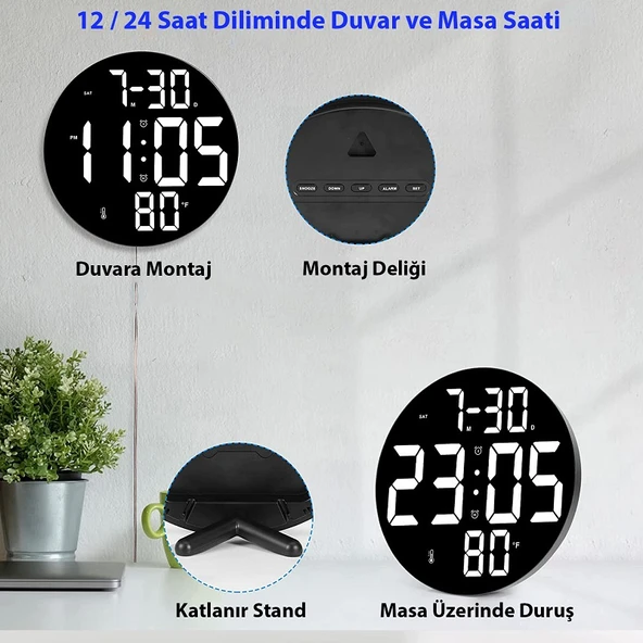 TriLine Dijital Modern 12inç Elektronik LED Duvar Masa Saati Sıcaklık Nem Alarm - 3