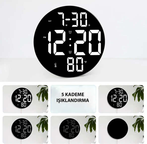 TriLine Dijital Modern 12inç Elektronik LED Duvar Masa Saati Sıcaklık Nem Alarm - 4