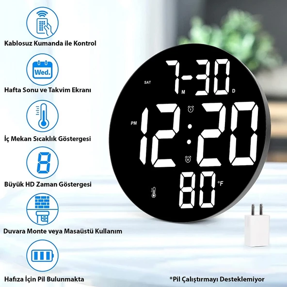 TriLine Dijital Modern 12inç Elektronik LED Duvar Masa Saati Sıcaklık Nem Alarm - 2