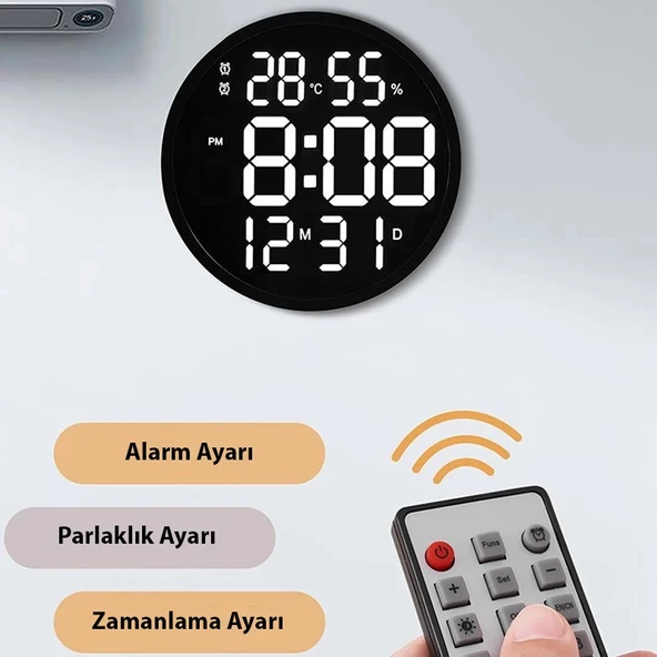 TriLine Dijital Modern 12inç Elektronik LED Duvar Masa Saati Sıcaklık Nem Alarm - Resim 13