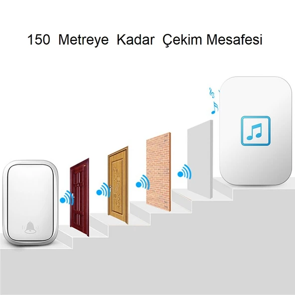 Cacazi 2 Alıcılı Su Geçirmez Beyaz Pil Gerektirmeyen Kablosuz LED Kapı Zili - 4