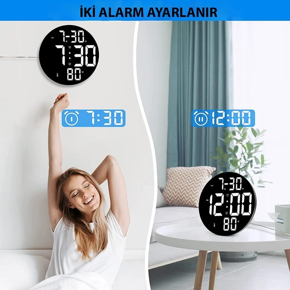 TriLine Dijital Modern 12inç Elektronik LED Duvar Masa Saati Sıcaklık Nem Alarm - Resim 12