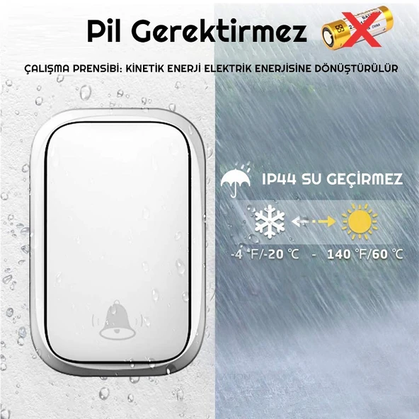 Cacazi 2 Alıcılı Su Geçirmez Beyaz Pil Gerektirmeyen Kablosuz LED Kapı Zili - Resim 3