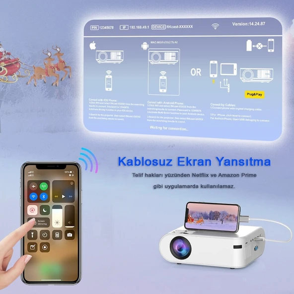 TriLine P62 Full HD Destekli Wifi & iOS & Android Cep Tel Yansıtma Mini Projeksiyon Cihazı - 4