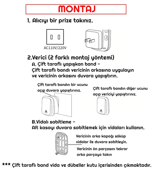 Cacazi 2 Buton 1 Alıcı Pil Gerektirmeyen Kablosuz  LED Kapı Zili - 9