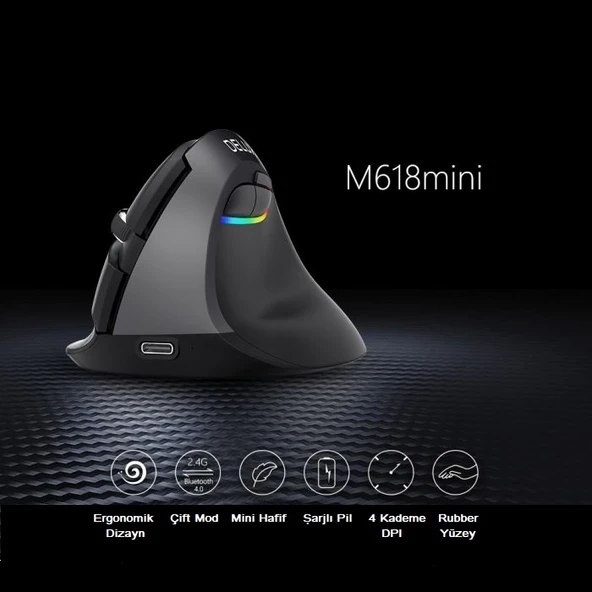 Delux M618 Mini Bluetooth 4.0+ 2.4G Ergonomik Şarjlı Sessiz RGB Mouse - Resim 2