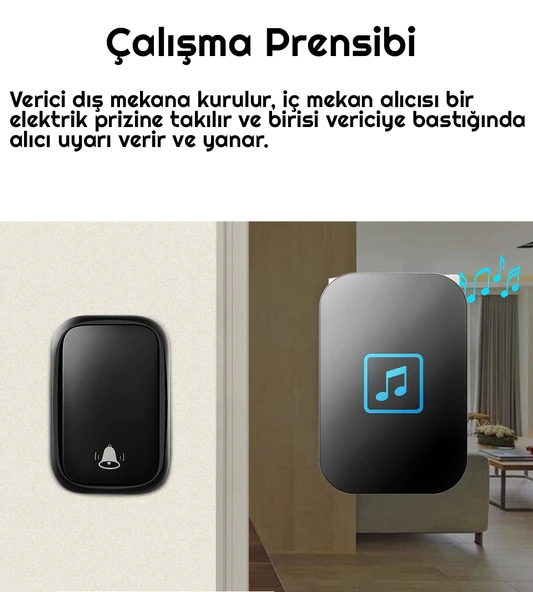 Cacazi 2 Buton 1 Alıcı Pil Gerektirmeyen Kablosuz  LED Kapı Zili - Resim 8