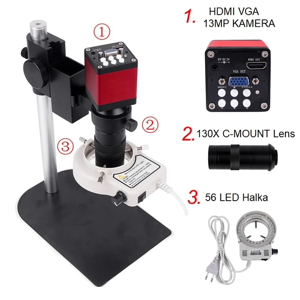 TriLine 13MP HD 60F/S Endüstriyel Mikroskop Kamera 130XC Montaj Lensi 56 LED Halka Işık - 2