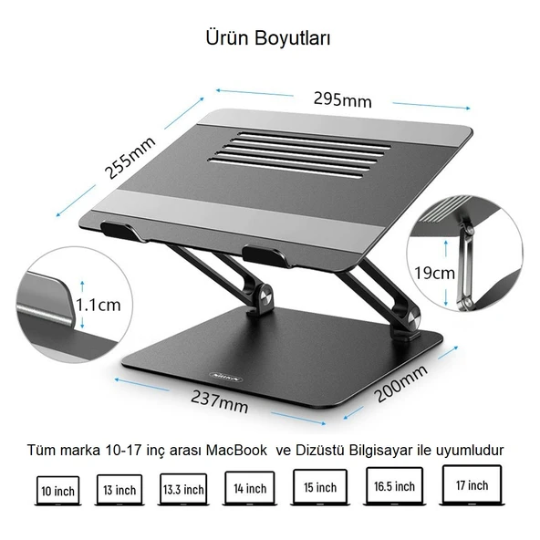 TriLine Full Alüminyum Ayarlanabilir MacBook Laptop Standı 10-17 inç - Resim 6