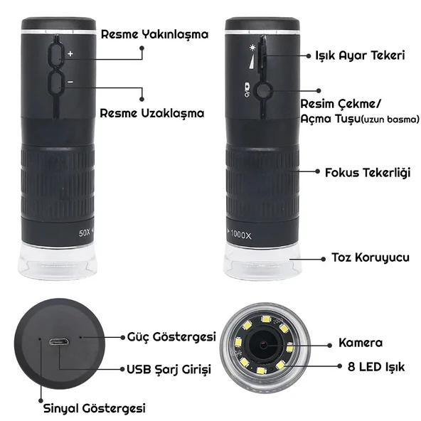 TriLine 1000X WiFi Dijital LED Kablosuz Pilli Mikroskop 1080P - 6