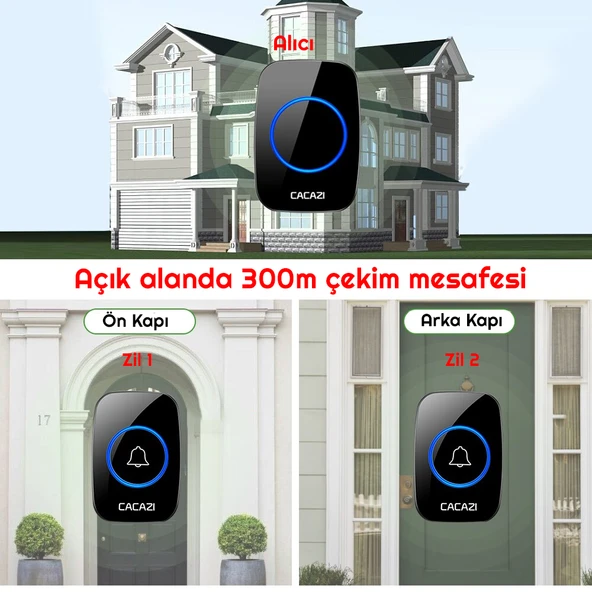 Cacazi 2 Buton 1 Alıcı Kablosuz Uzaktan Kumandalı LED Kapı Zili - 4