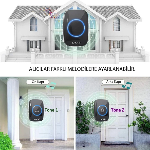 Cacazi 2 Alıcılı Kablosuz Uzaktan Kumandalı LED Kapı Zili - Resim 9