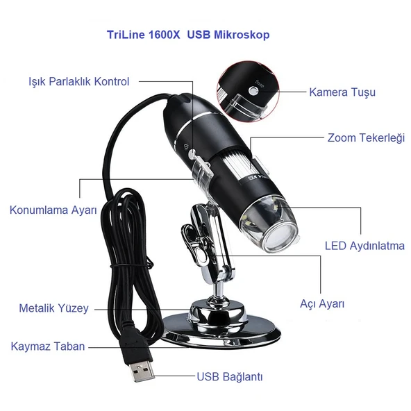 TriLine 1600X Zoom 2MP USB Dijital Mikroskop 8 Ledli Kamera - Resim 7