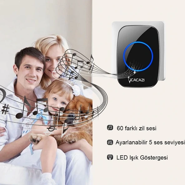 Cacazi 2 Alıcılı Kablosuz Uzaktan Kumandalı LED Kapı Zili - Resim 6