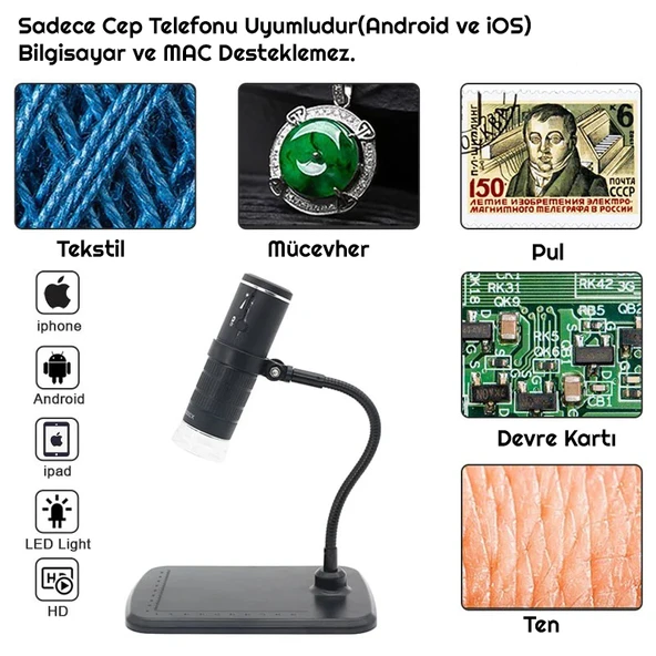 TriLine 1000X WiFi Dijital LED Kablosuz Pilli Mikroskop 1080P - Resim 4