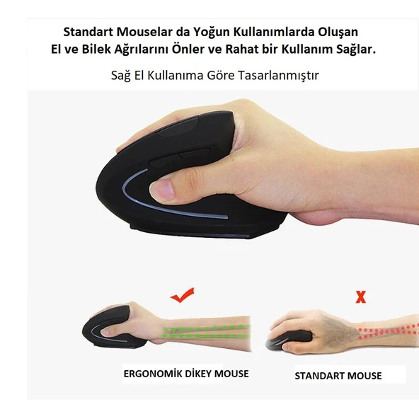 TriLine Kablosuz Ergonomik Dikey Mouse 800/1200/1600 DPI - Resim 28