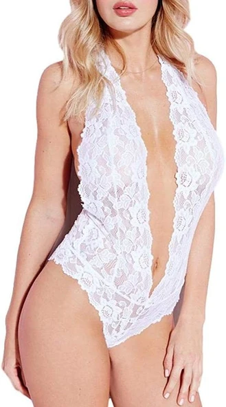 ASM1166 Kadin Ekru Dantel Body Suit Gecelik - 3