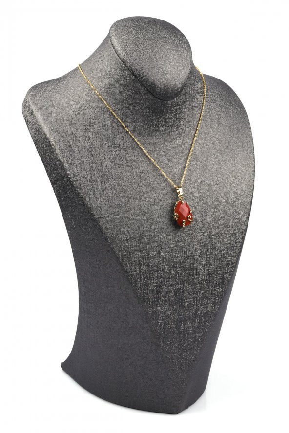 Red Jasper Doğal Taş Gold Renkli Kolye - Resim 2