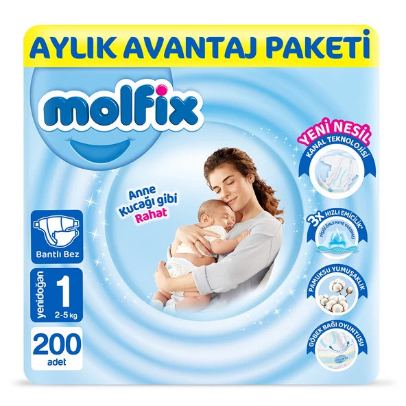 Molfix Bebek Bezi 1 Beden Yenidoğan Aylık Avn. Paket 200 Adet