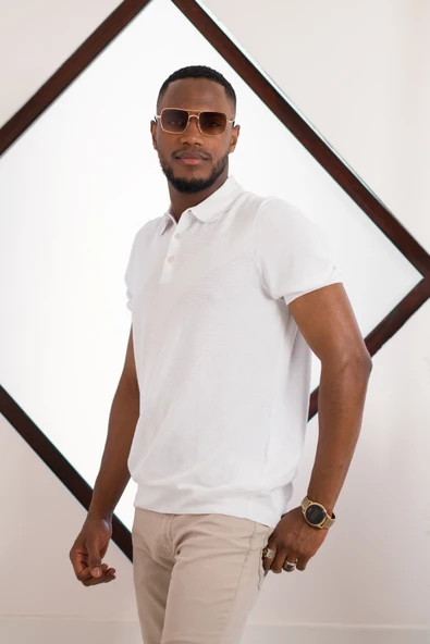 San&Fa Polo Yaka Düğme Detaylı Kendinden Desenli Kısa Kol Erkek Yazlık Triko T-shirt - Resim 5